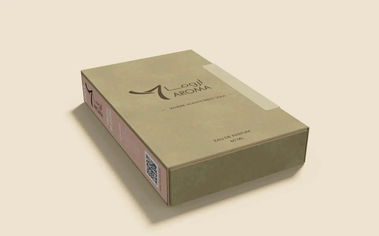 The closed 7 AROMA box in kraft board: the logo on the cover, the 001 sticker down its hinge side and a cream tear-strip seal across the opening edge