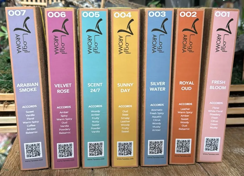 Photograph: all seven 7 AROMA boxes standing in a row, each with its coloured side panel