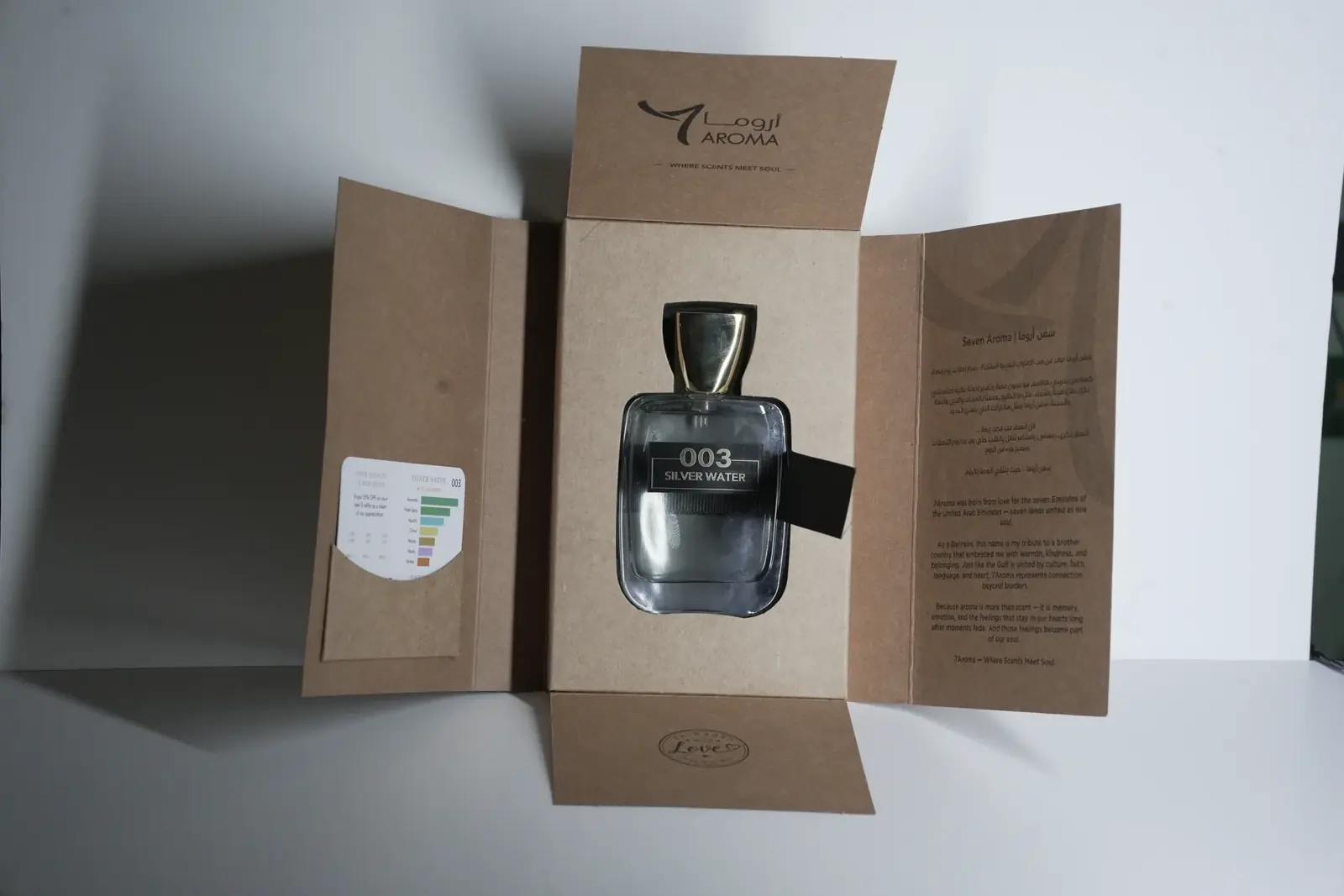 Photograph: the open 7 AROMA gatefold box, the bottle held by a black satin ribbon in a kraft insert, the scent card beside it