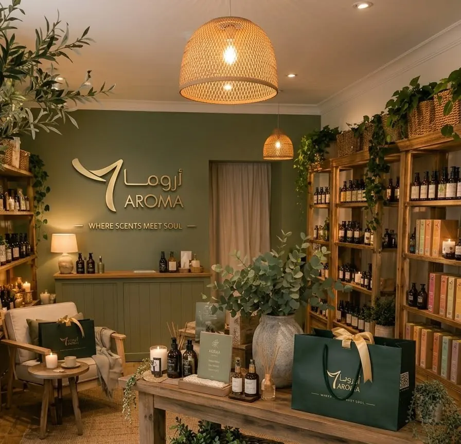 Photograph: inside the shop, the gold logo on a sage wall, a rattan lamp and a wooden table
